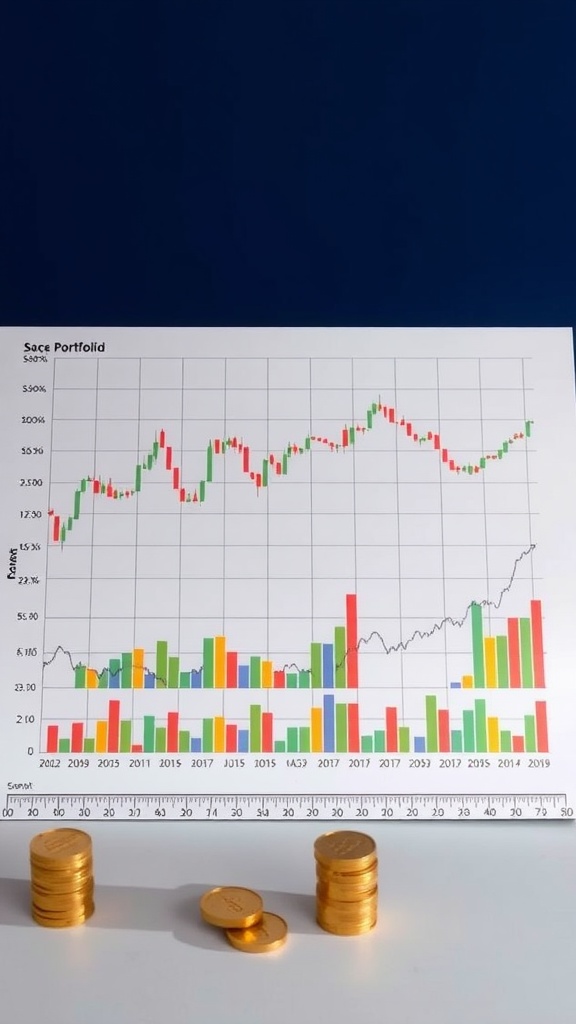 A chart showing investment trends and gold coins in front of it.