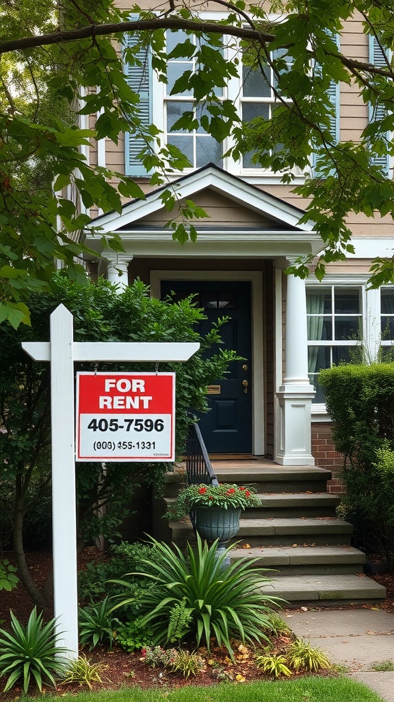A house for rent with a sign indicating it's available.