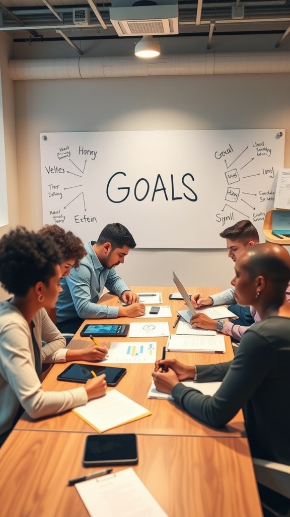A diverse group of people in a meeting focused on goal setting, with a whiteboard displaying the word 'GOALS' and various ideas around it.