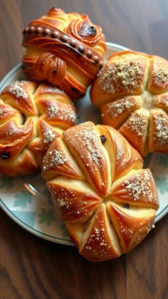 A plate of various Italian breakfast pastries including beautifully shaped rolls.