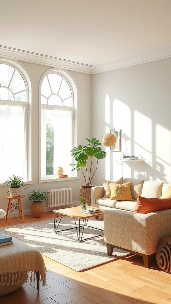 Bright living room with large windows showcasing natural light and plants