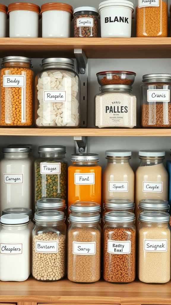 Organized kitchen shelves with labeled jars and containers.