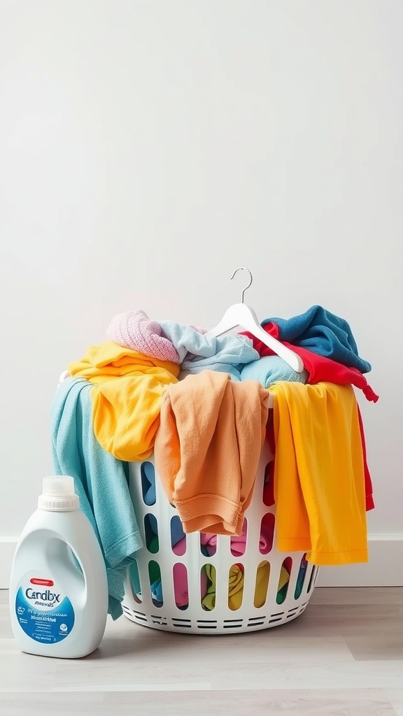 A laundry basket filled with colorful clothes and a bottle of detergent beside it.