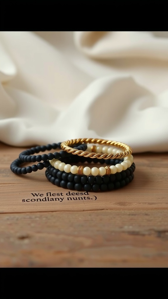 A stylish collection of layered bracelets with black and cream colors on a wooden surface.