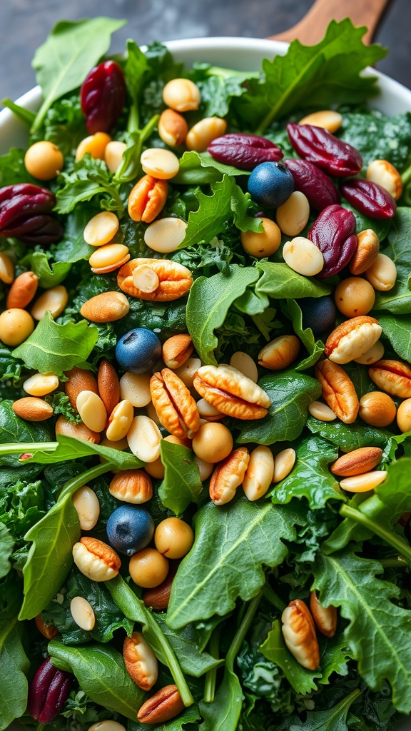 A colorful salad with leafy greens, nuts, and berries.