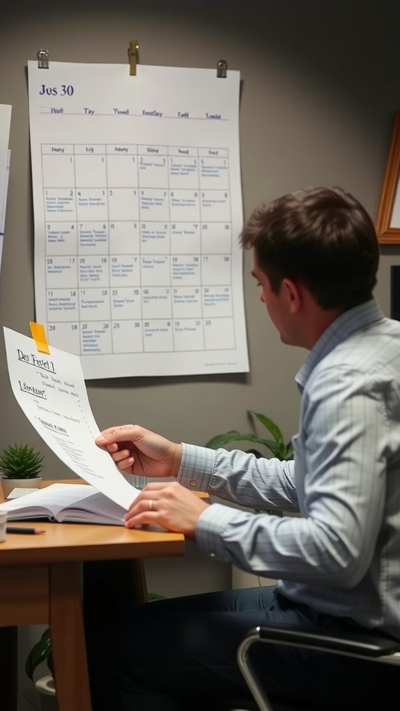 A person reviewing a calendar and notes while managing time effectively.
