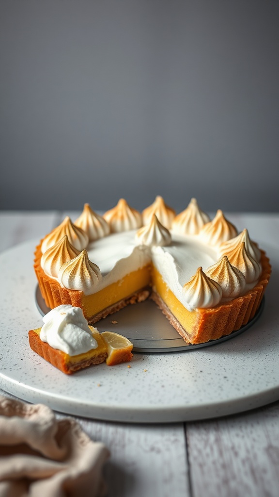 A delicious Lemon Meringue Tart with a slice cut out, showcasing its zesty filling and fluffy meringue topping.