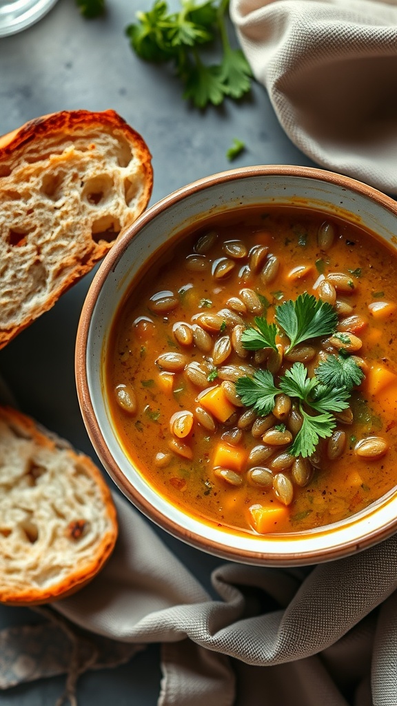 A bowl of lentil soup garnished with fresh cilantro, accompanied by a slice of bread on a cloth.