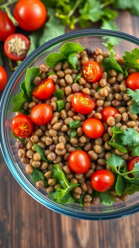 A clear bowl filled with lentils, cherry tomatoes, and leafy greens.