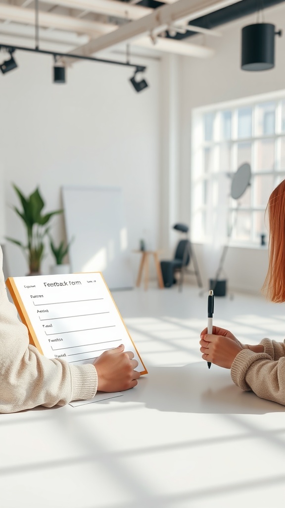Two people discussing feedback in a bright office setting
