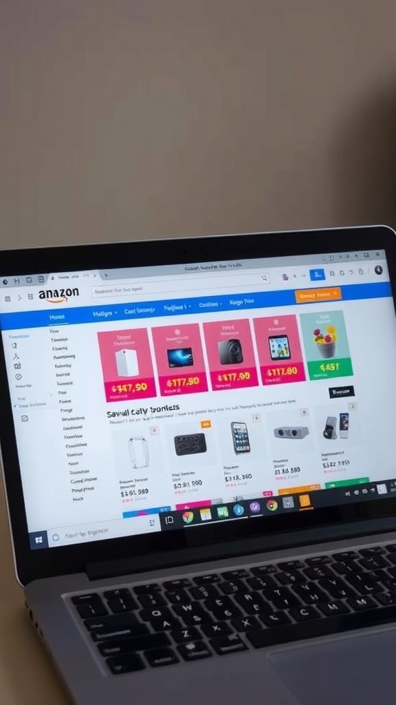 A laptop displaying an online shopping website with various product prices.