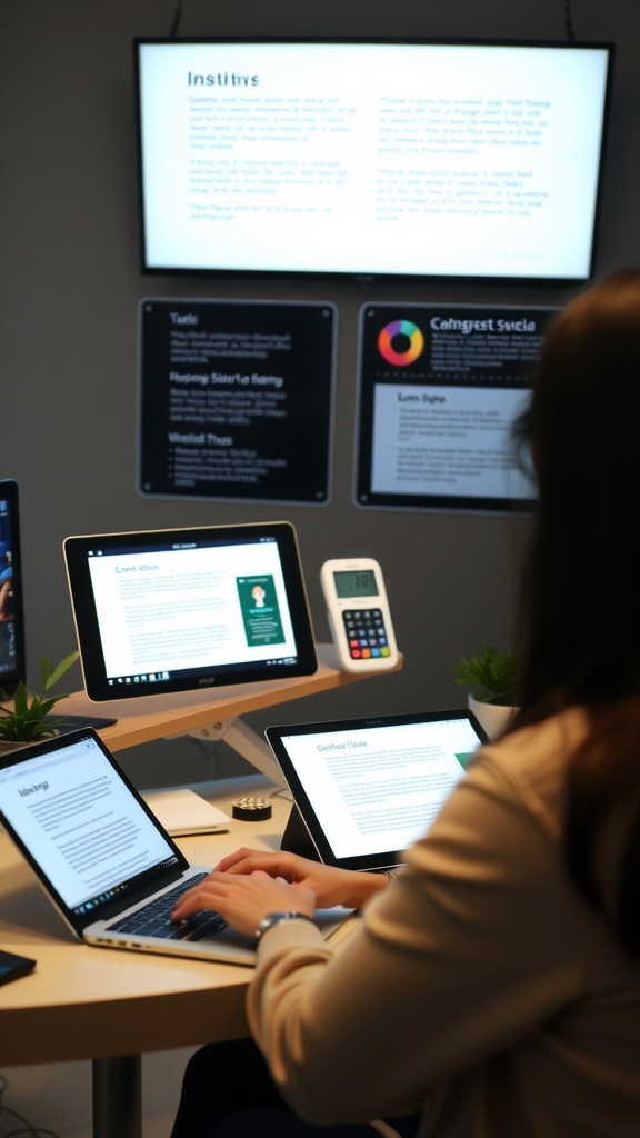 A person working on multiple devices in a modern office setting.