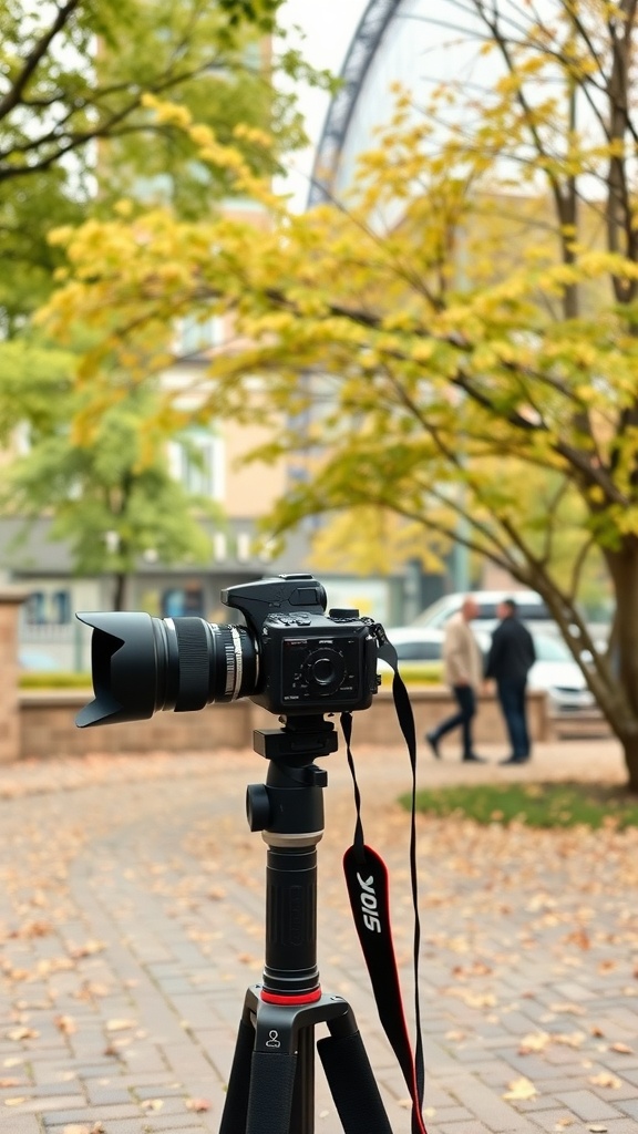 Camera on a tripod with blurred background of people walking