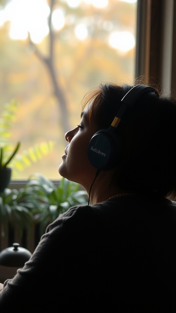 A person wearing headphones, enjoying calming music in a cozy indoor setting.