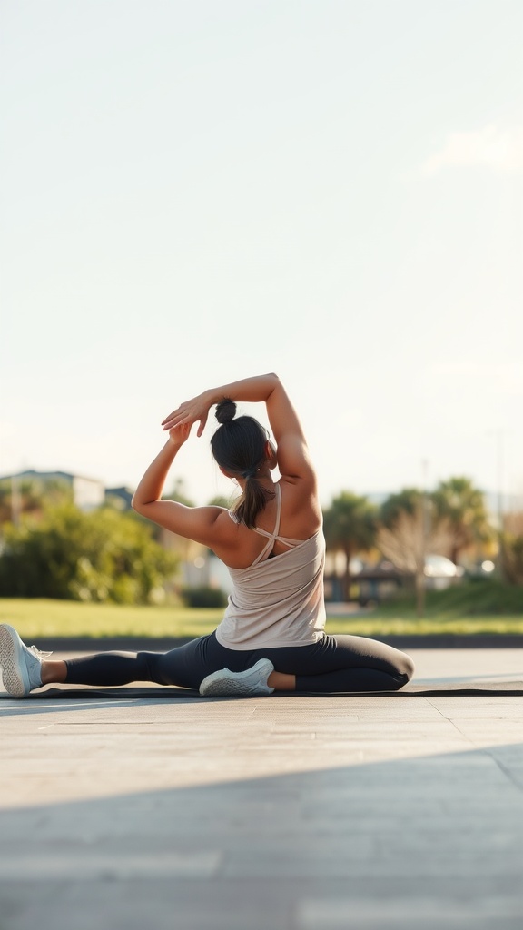 A person stretching on a yoga mat in a serene outdoor setting.