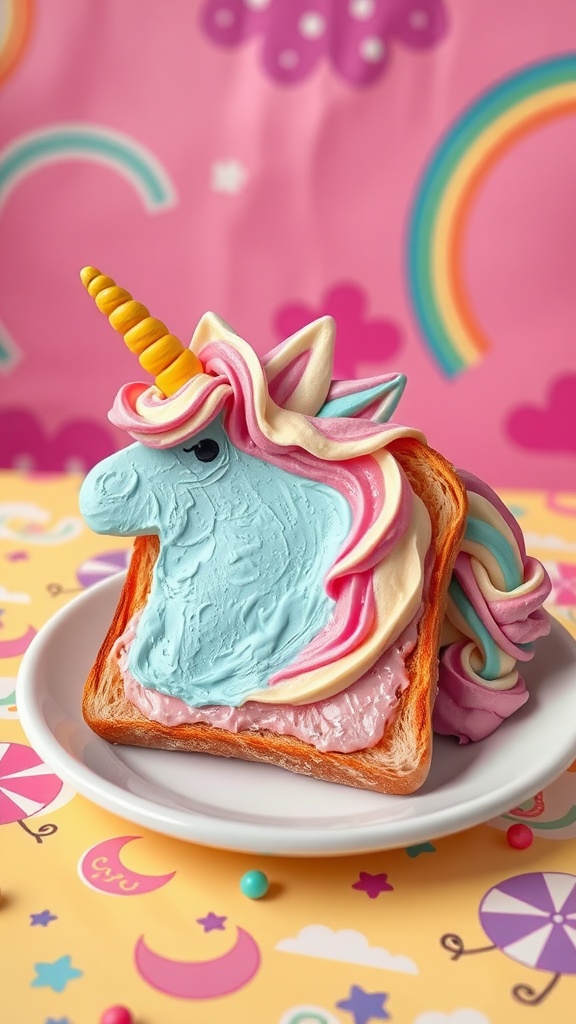 A colorful toast shaped like a unicorn, topped with pastel frosting on a playful background.