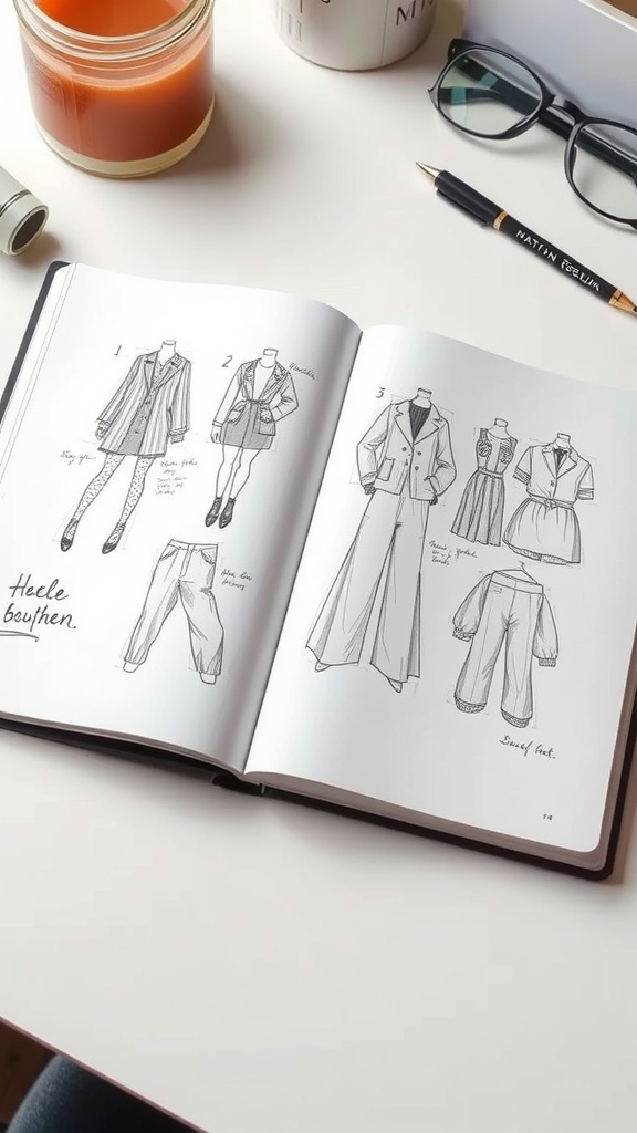 A personal style journal open to sketches of clothing designs, surrounded by stationery and a candle.
