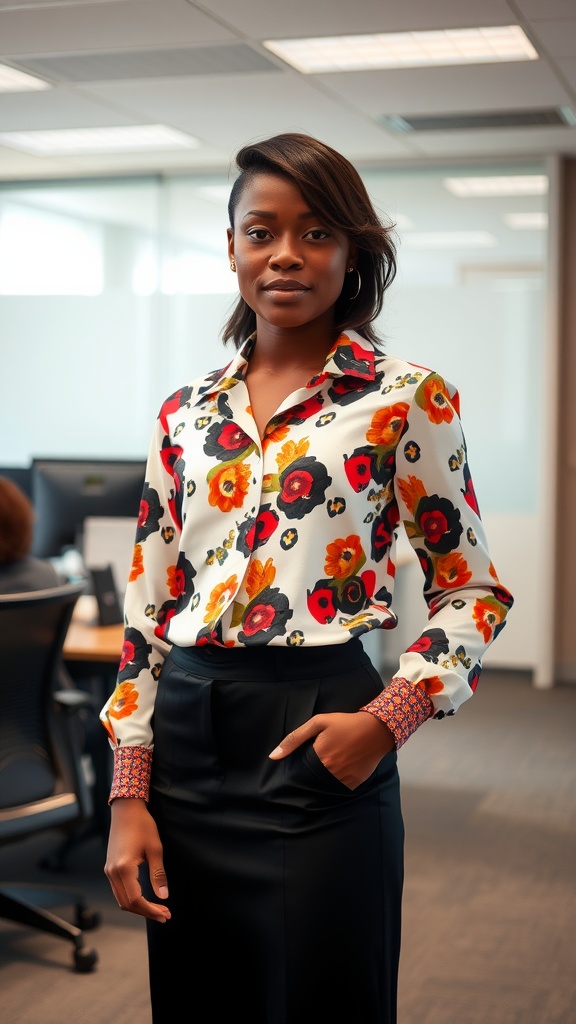 Woman in a colorful floral shirt and black skirt standing confidently in an office.