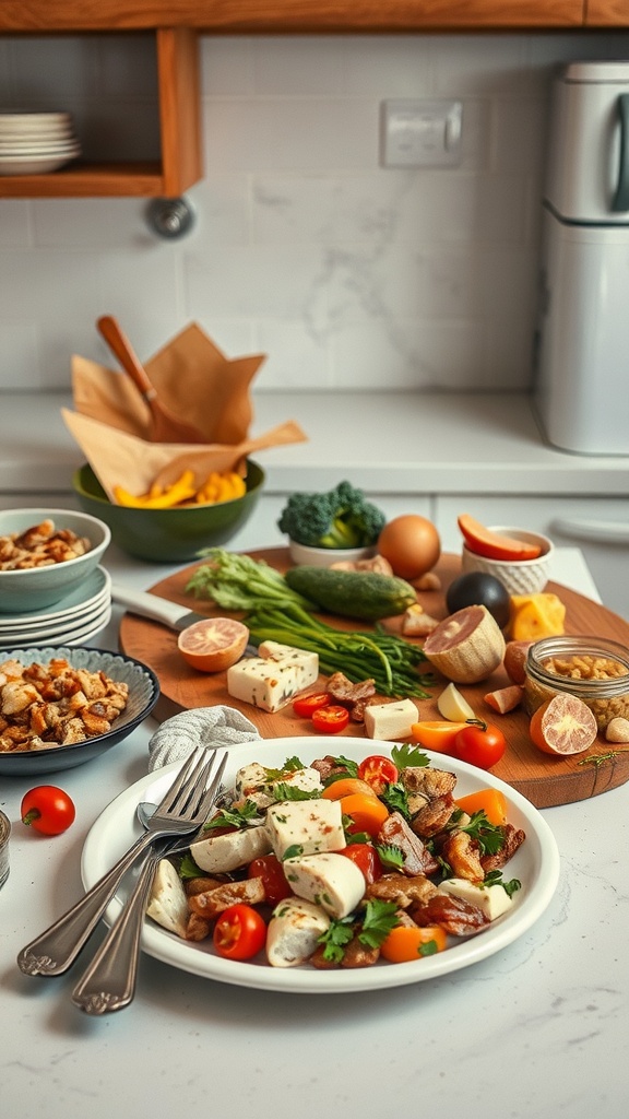 A vibrant assortment of leftover ingredients and a fresh salad on a kitchen counter, showcasing how to creatively use leftovers.