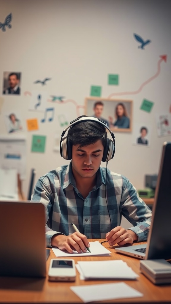 A person wearing headphones, writing notes, with laptops and a phone on the table, surrounded by a creative workspace.