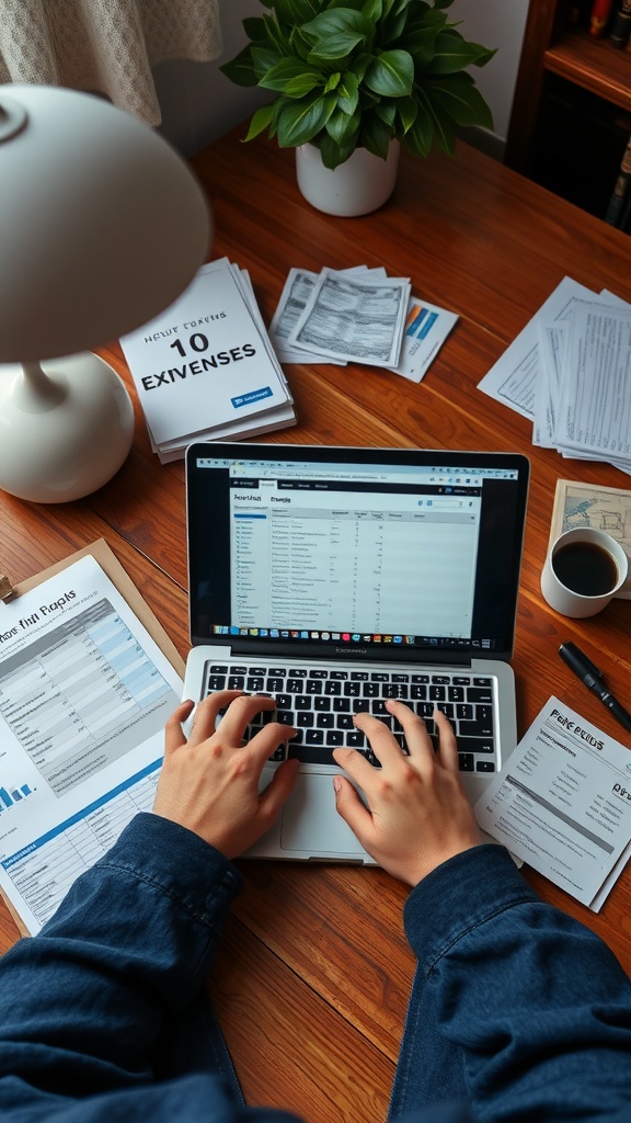 A person managing financial documents and using a laptop to track expenses.