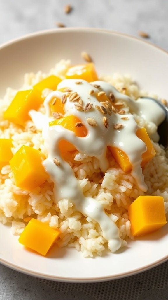 A plate of mango sticky rice topped with coconut cream and mango chunks.