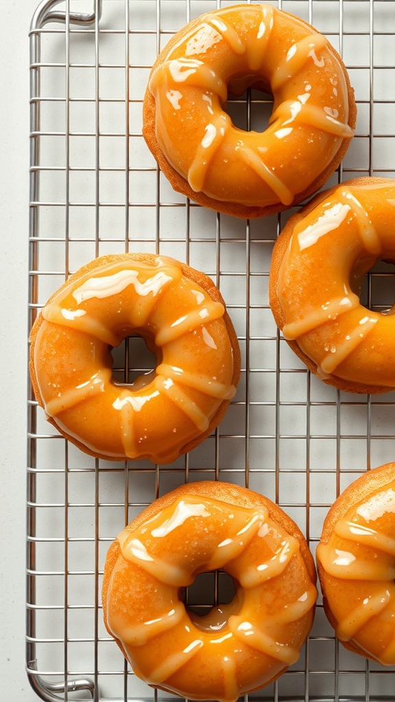 Maple syrup glazed donuts on a wire rack.