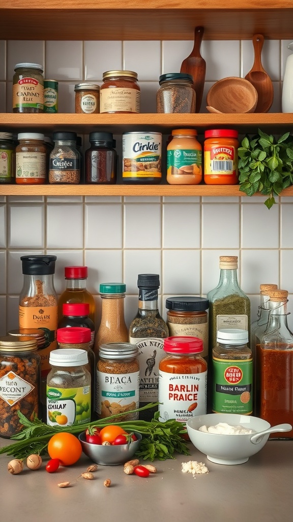 A well-stocked pantry with various spices, sauces, and ingredients.