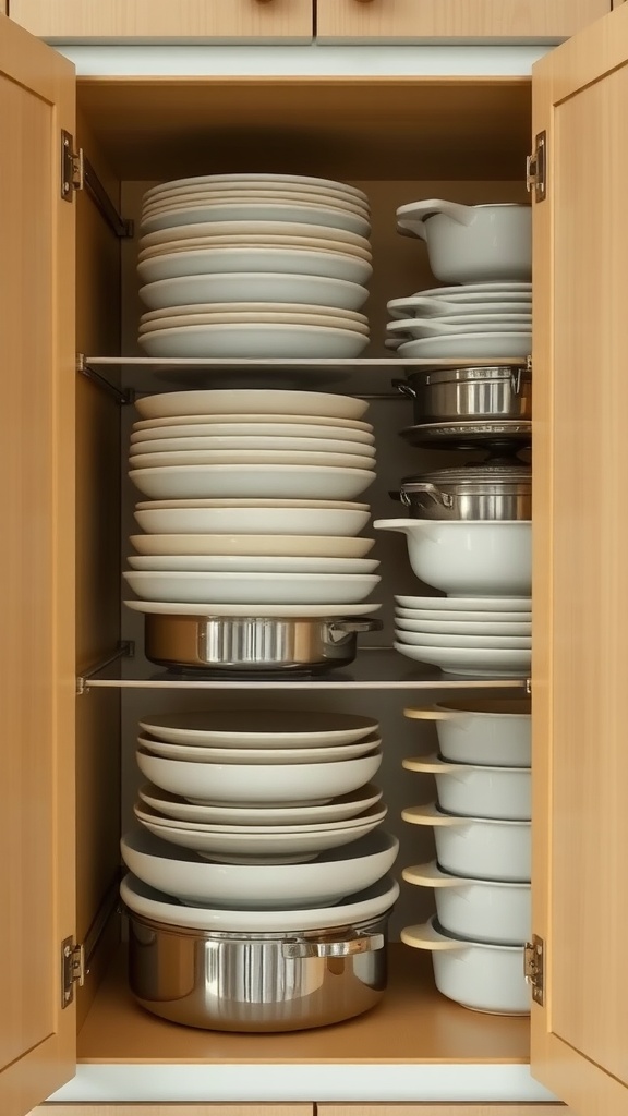 A neatly organized kitchen cabinet with plates and pots stacked efficiently.