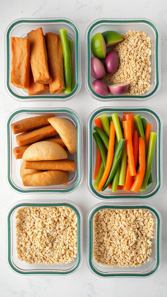 Meal prep containers filled with healthy foods like proteins, vegetables, and grains.