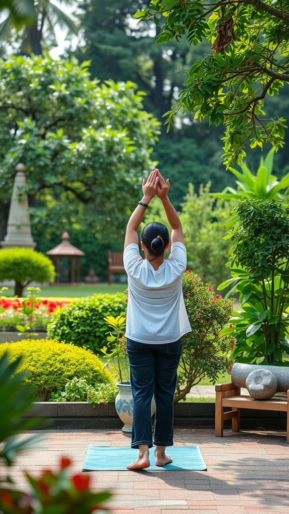 A person doing a meditative stretch in a garden.