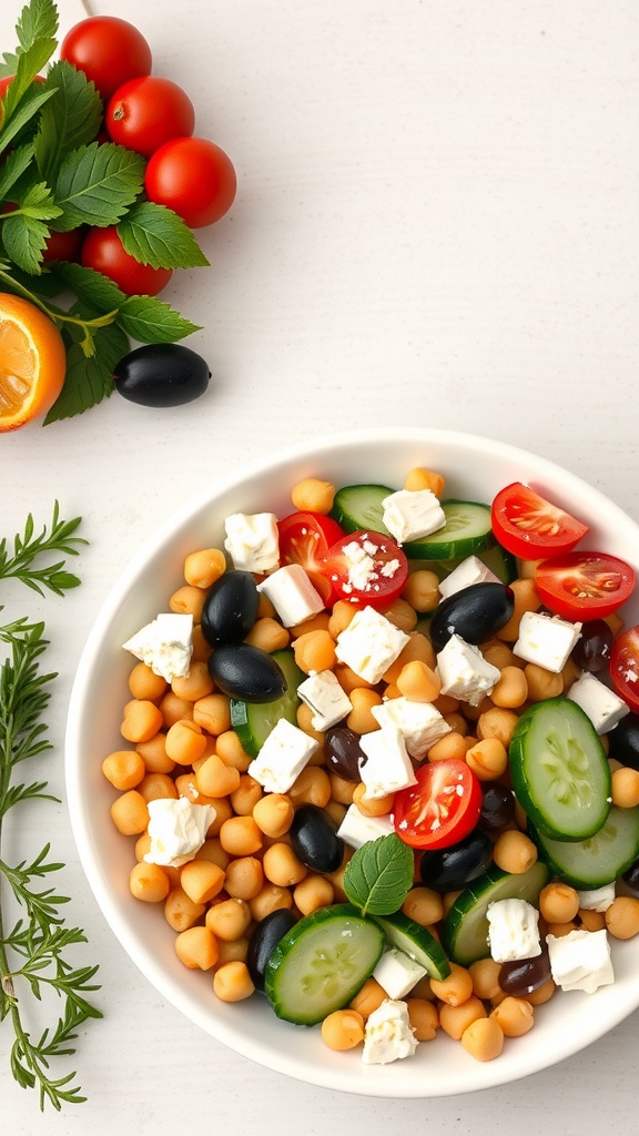 A bowl of Mediterranean Chickpea Salad with cucumbers, tomatoes, feta cheese, and olives, surrounded by fresh herbs.