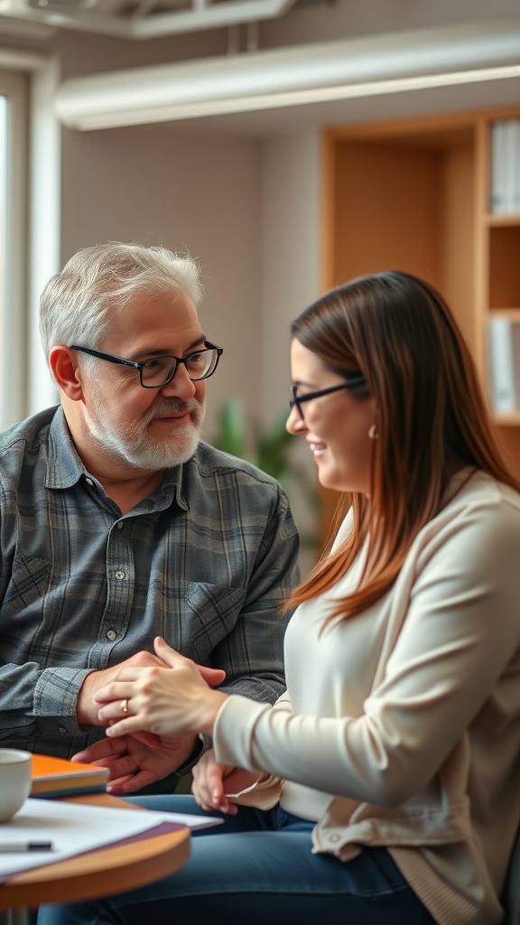 A mentor and mentee engaged in a friendly discussion with a warm atmosphere.