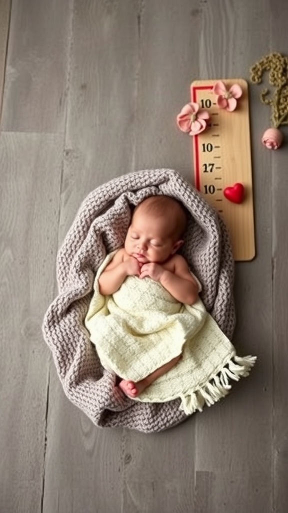 A peaceful newborn wrapped in a cozy blanket, lying on a wooden surface with milestone markers beside them.
