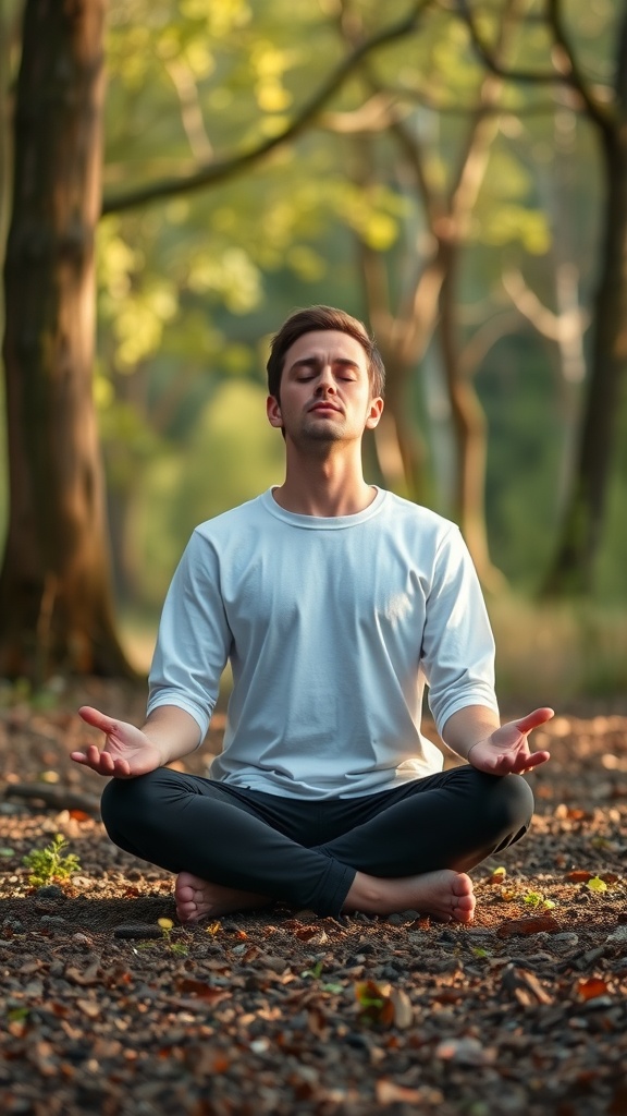 A person meditating in nature, practicing mindful breathing techniques.