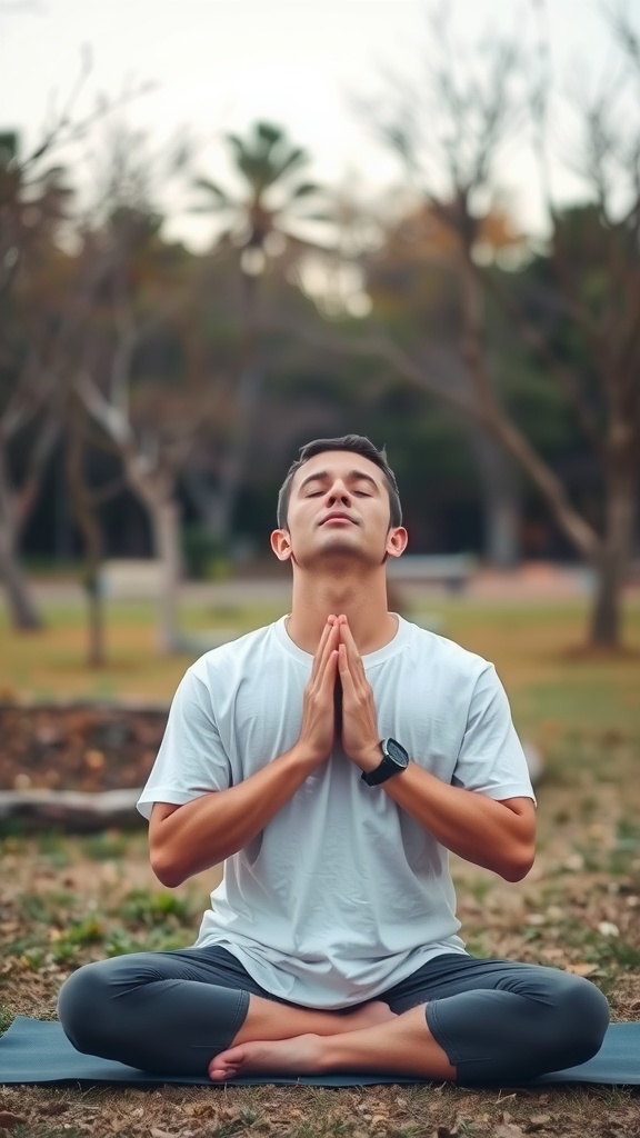 A person practicing mindful breathing in a serene outdoor setting.