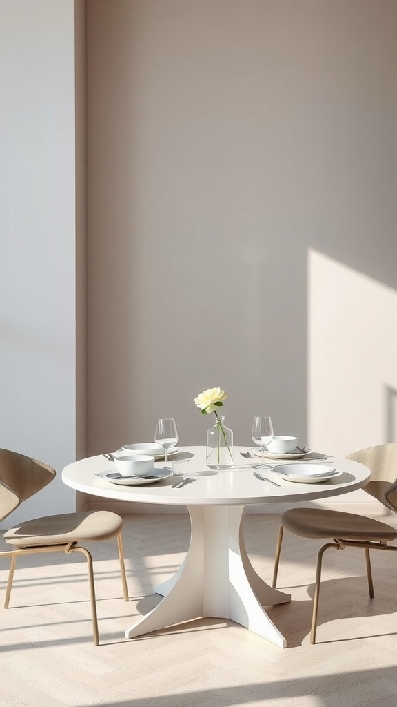 A minimalist dining area featuring a round table with elegant chairs and a single flower in a vase.