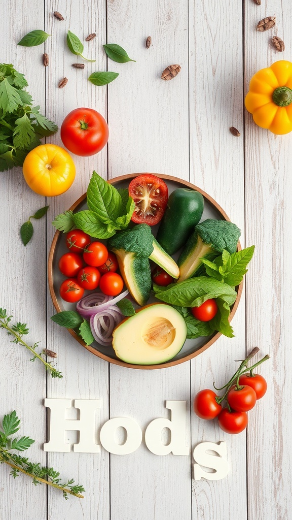 A colorful array of fresh vegetables and herbs arranged on a wooden table.