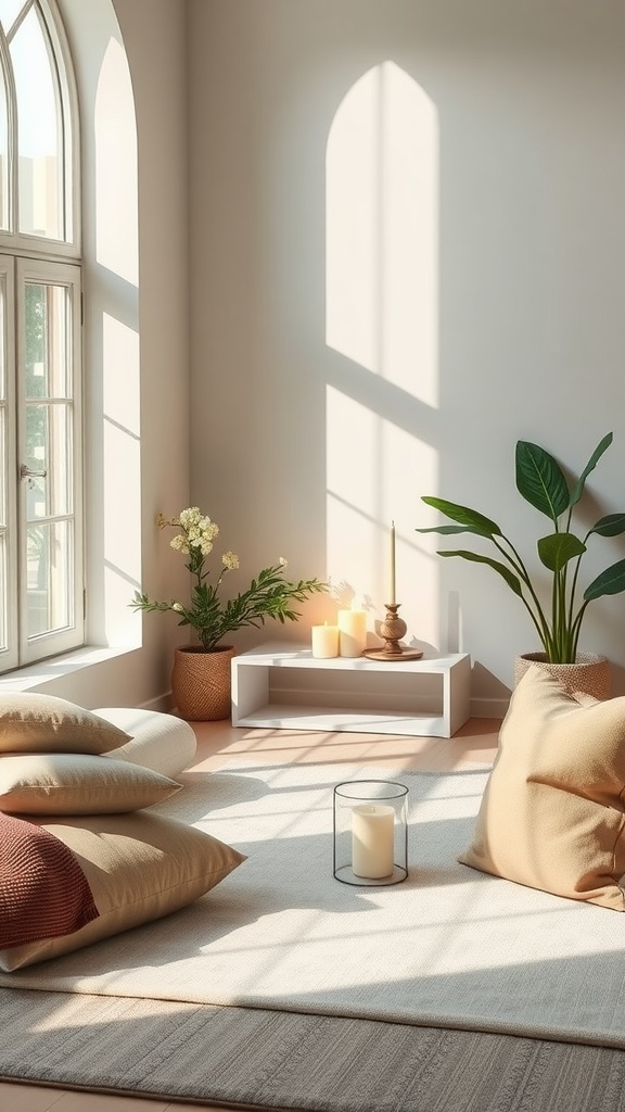 Cozy meditation space with soft pillows and plants, featuring candles and natural light.
