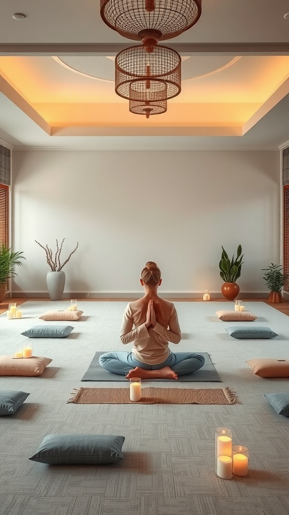A serene meditation space with candles and cushions.
