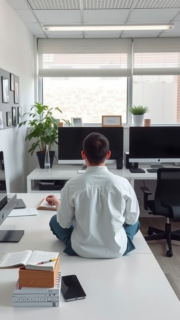 A person practicing mindfulness in a modern office setting, sitting cross-legged at a desk with a calm demeanor.