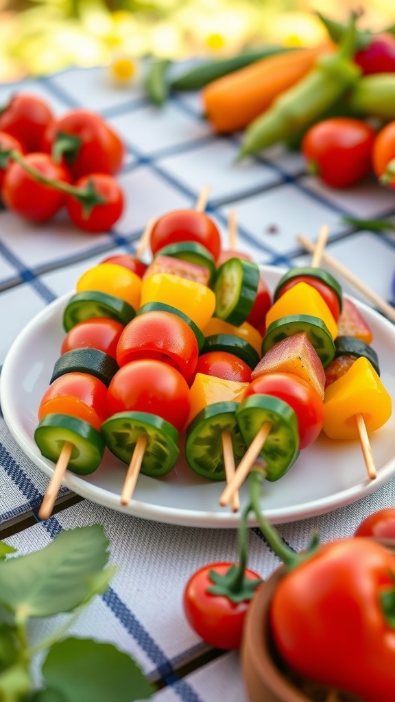 A plate of colorful miniature veggie kebabs made with cherry tomatoes, bell peppers, and zucchini.