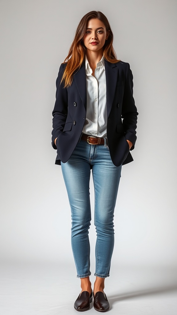 A woman wearing a navy blazer over a white shirt and fitted jeans, exuding a stylish blend of formal and casual fashion.
