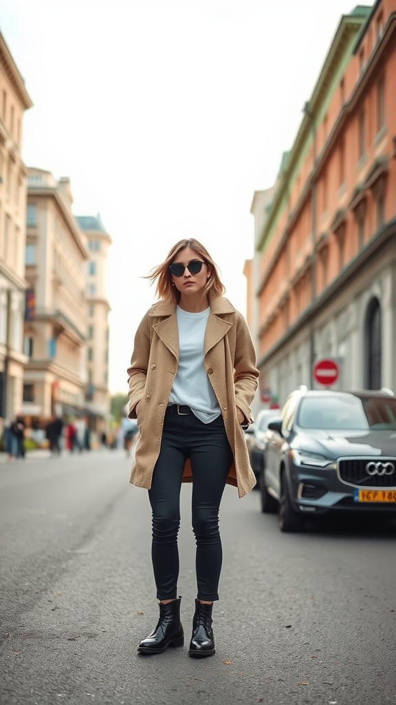 A stylish woman in a camel coat, black pants, and sunglasses stands confidently on a city street.