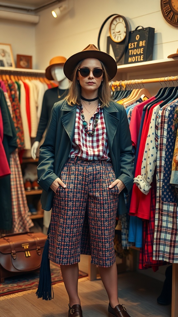 A stylish person wearing a mix of vintage and modern outfits, featuring plaid shorts, a striped shirt, and a chic hat.
