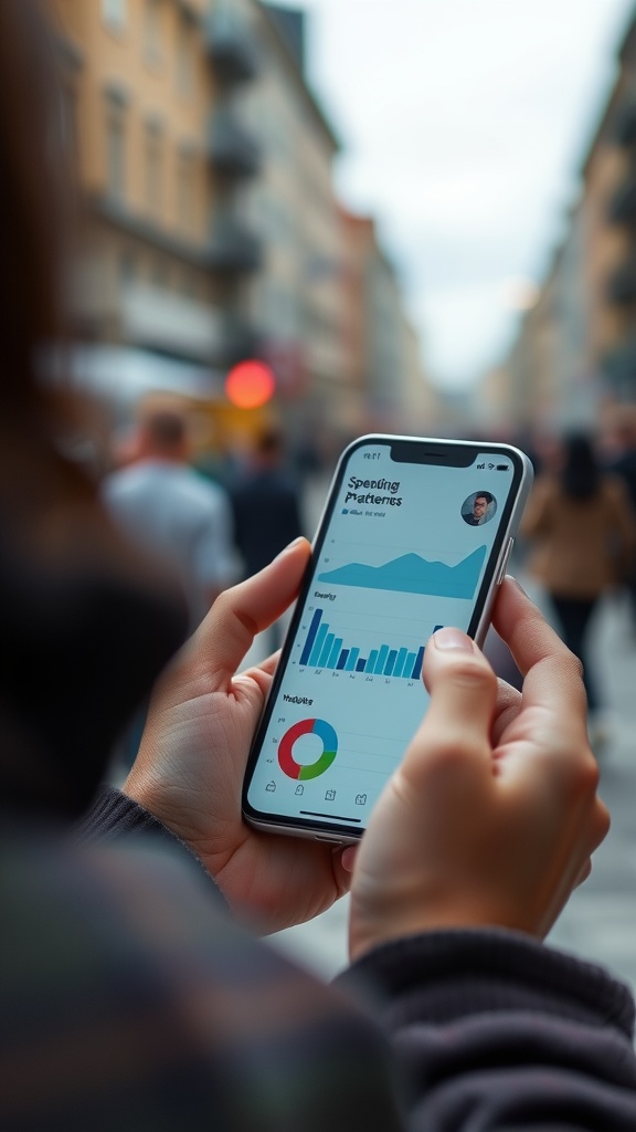 A person holding a smartphone displaying spending patterns with graphs and charts.