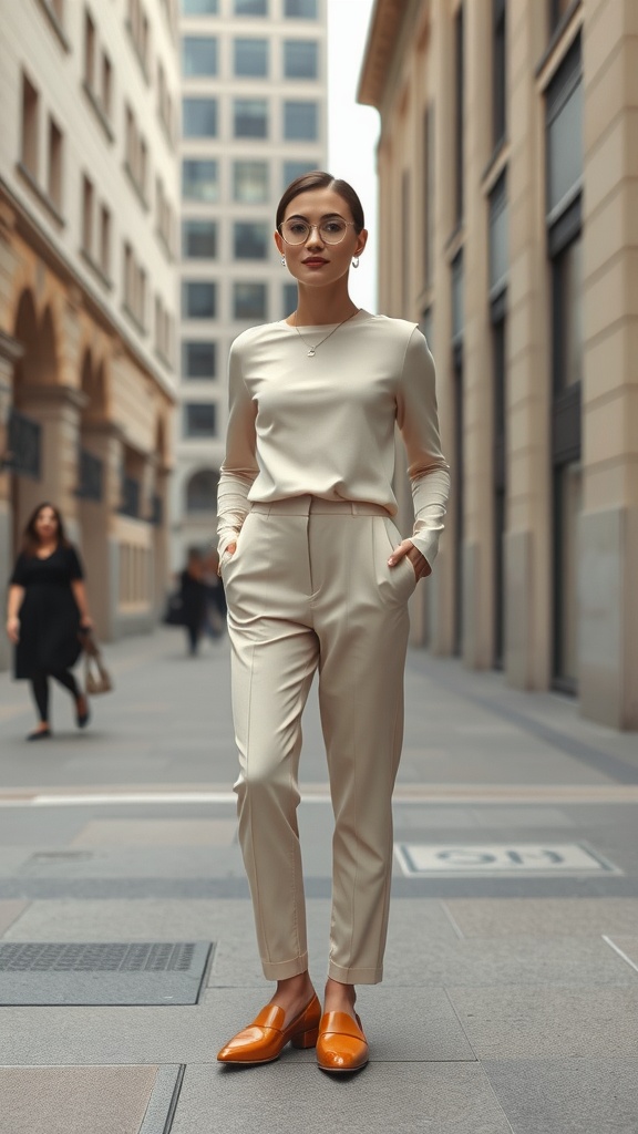 A person wearing a beige monochrome outfit with orange shoes standing on a city street.