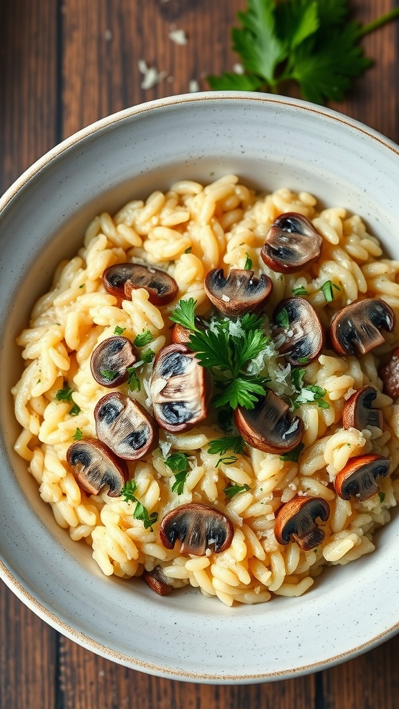 A delicious bowl of mushroom risotto topped with parsley and mushrooms.
