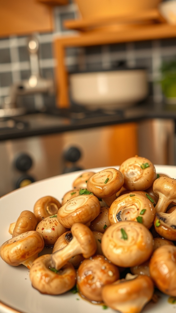A plate of cooked mushrooms garnished with herbs, set against a cozy kitchen background.