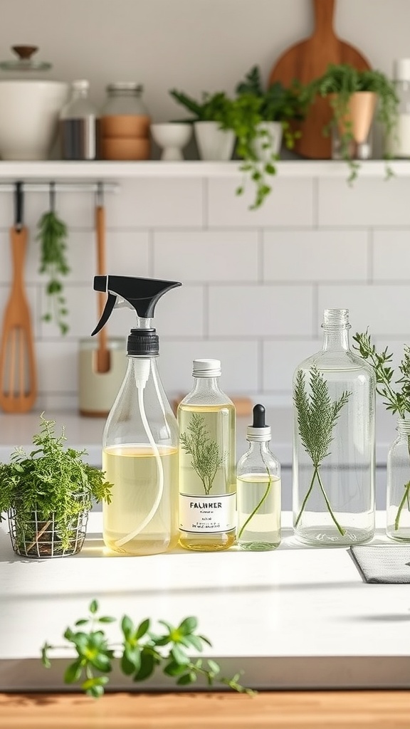 Natural cleaning products on a kitchen countertop with herbs and plants.